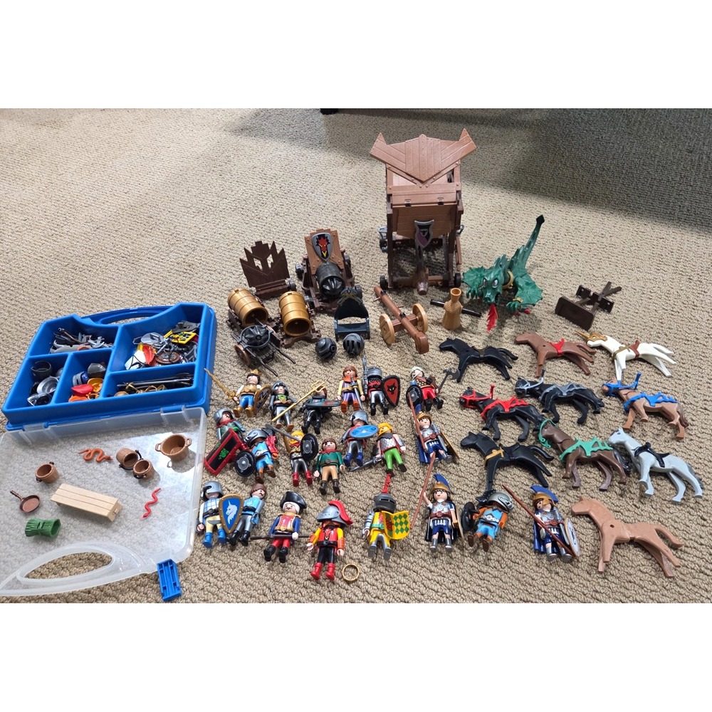 Large Playmobil Mixed Lot Knights Siege Weapons Horses Green Dragon Figures